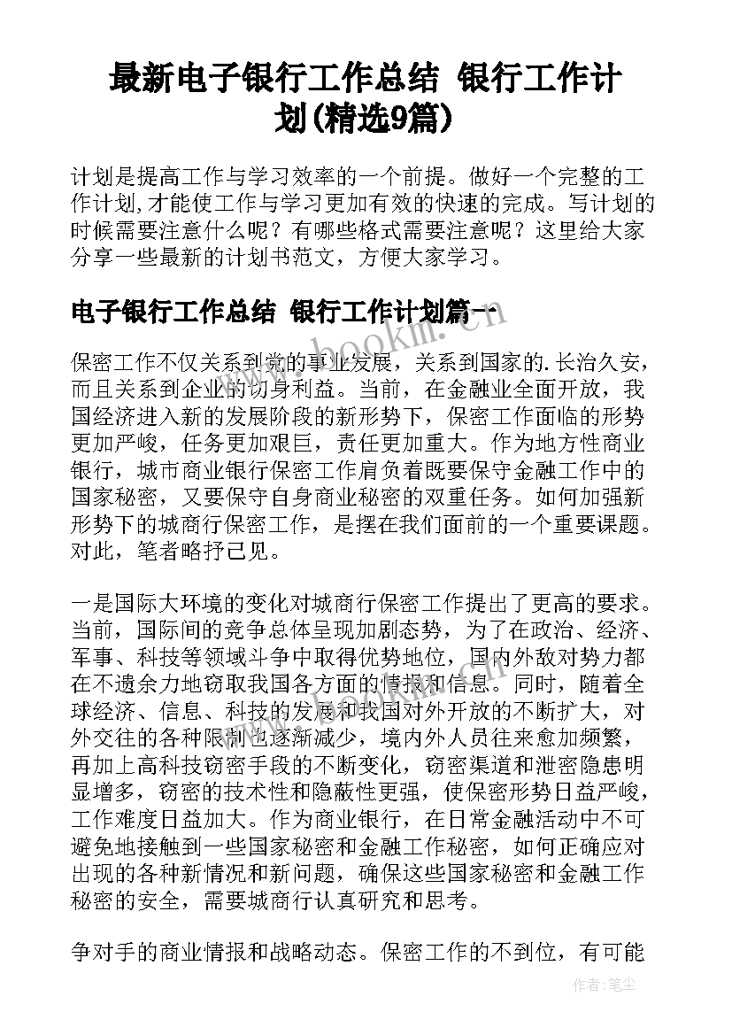 最新电子银行工作总结 银行工作计划(精选9篇)