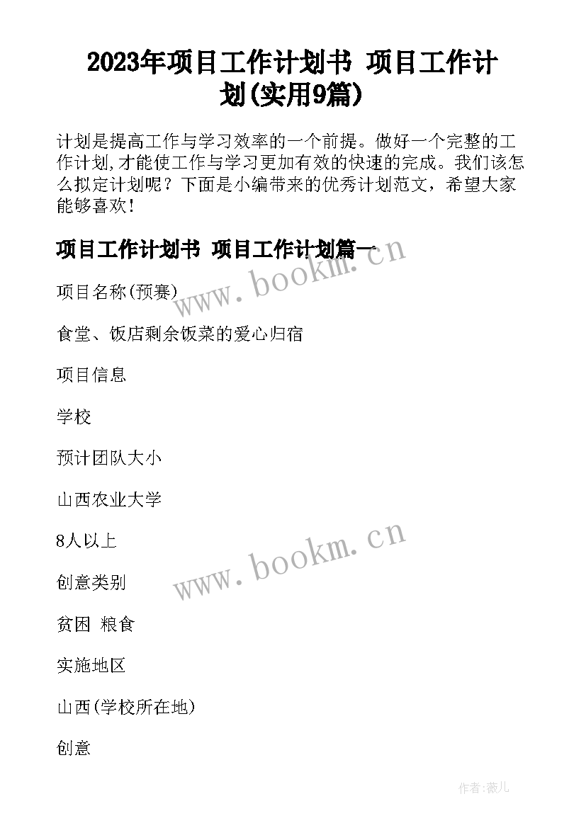 2023年项目工作计划书 项目工作计划(实用9篇)