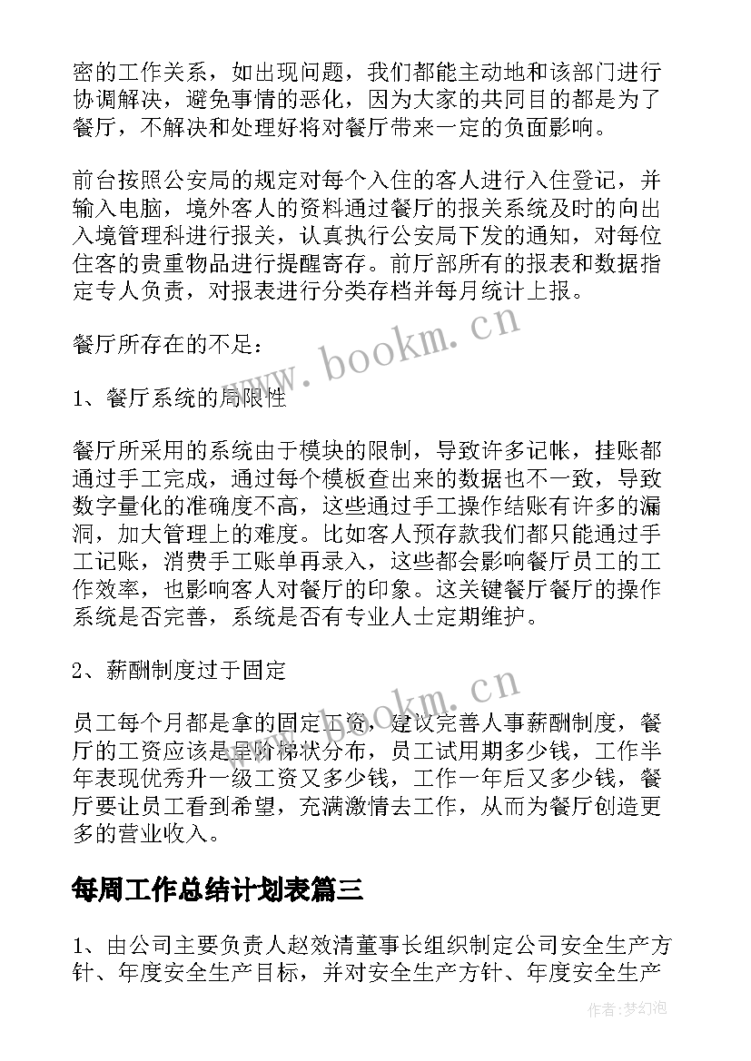 最新每周工作总结计划表(优秀6篇)