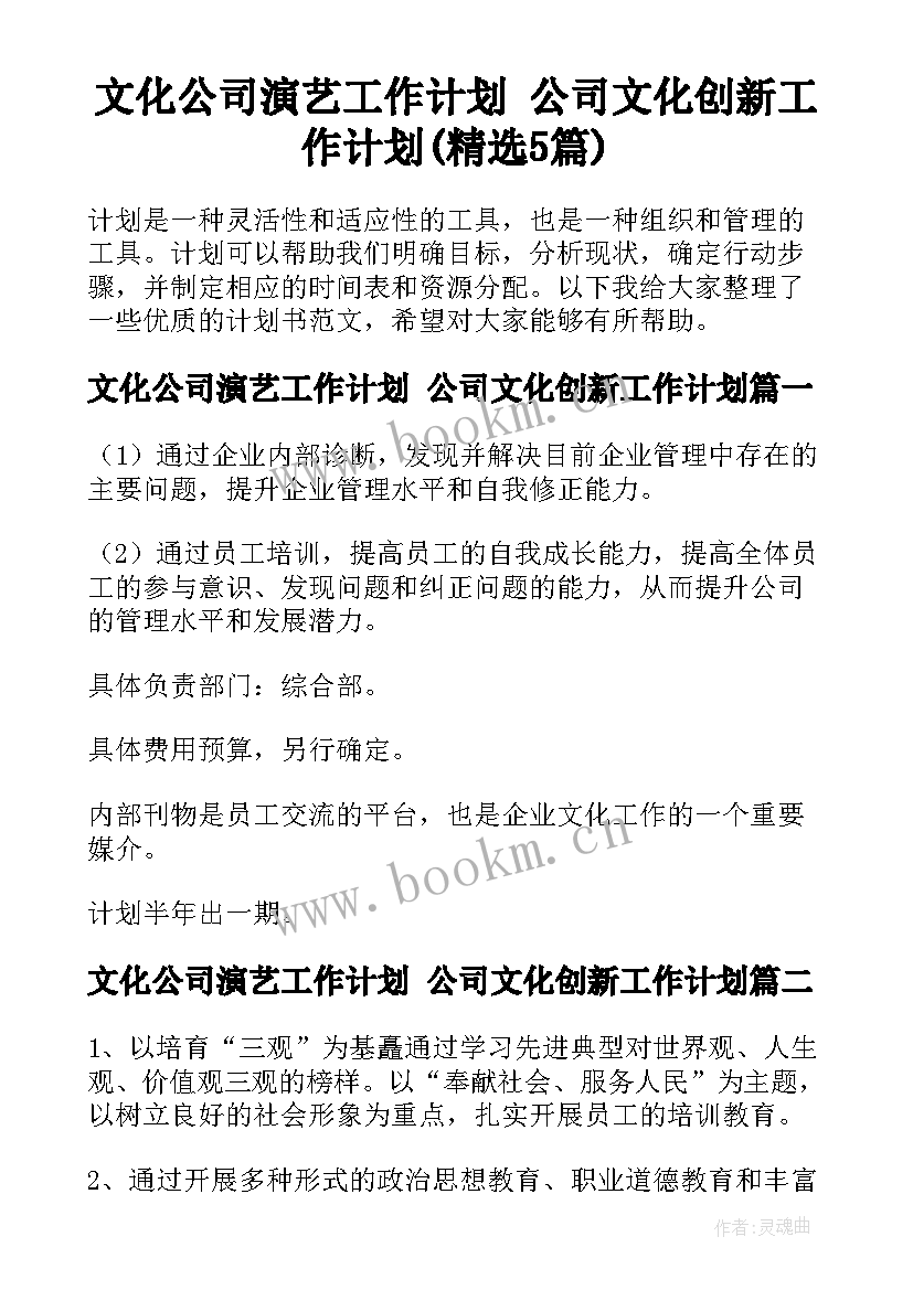 文化公司演艺工作计划 公司文化创新工作计划(精选5篇)