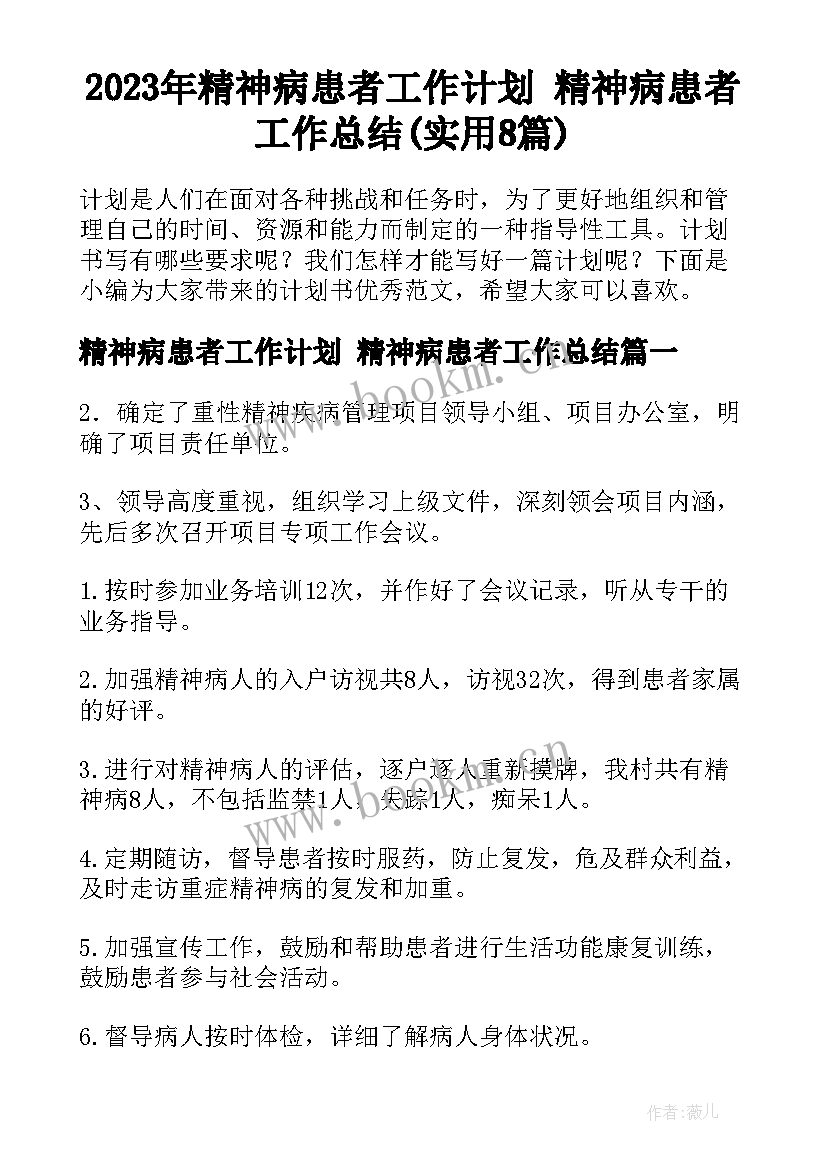 2023年精神病患者工作计划 精神病患者工作总结(实用8篇)