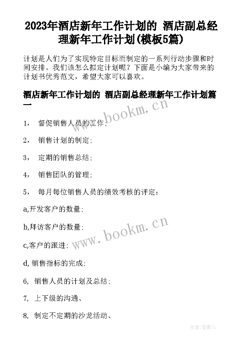 2023年酒店新年工作计划的 酒店副总经理新年工作计划(模板5篇)