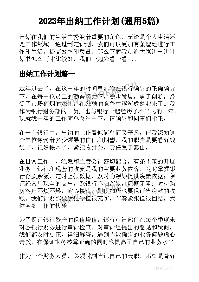 2023年出纳工作计划(通用5篇)