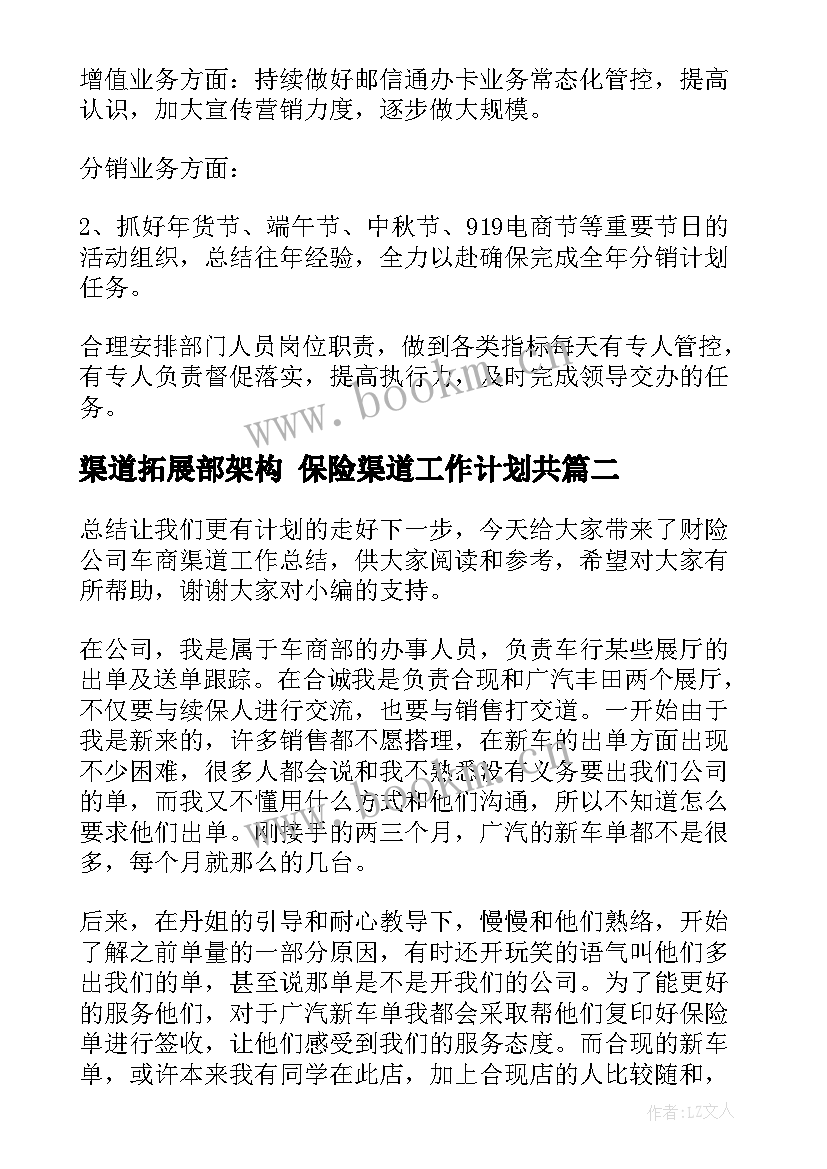 渠道拓展部架构 保险渠道工作计划共(模板7篇)