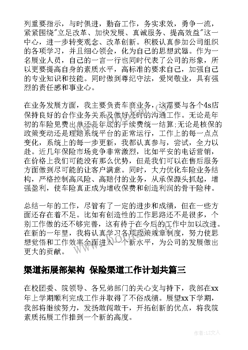 渠道拓展部架构 保险渠道工作计划共(模板7篇)