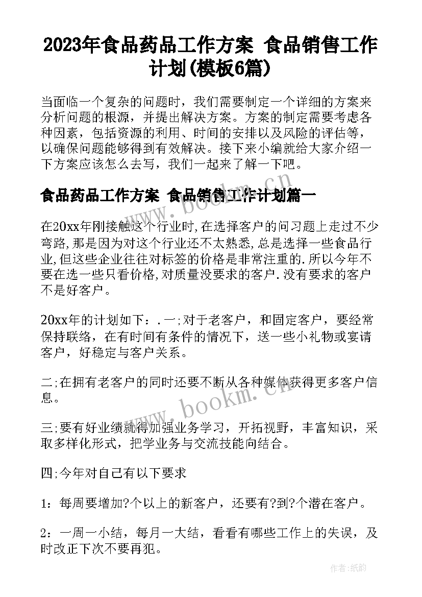 2023年食品药品工作方案 食品销售工作计划(模板6篇)