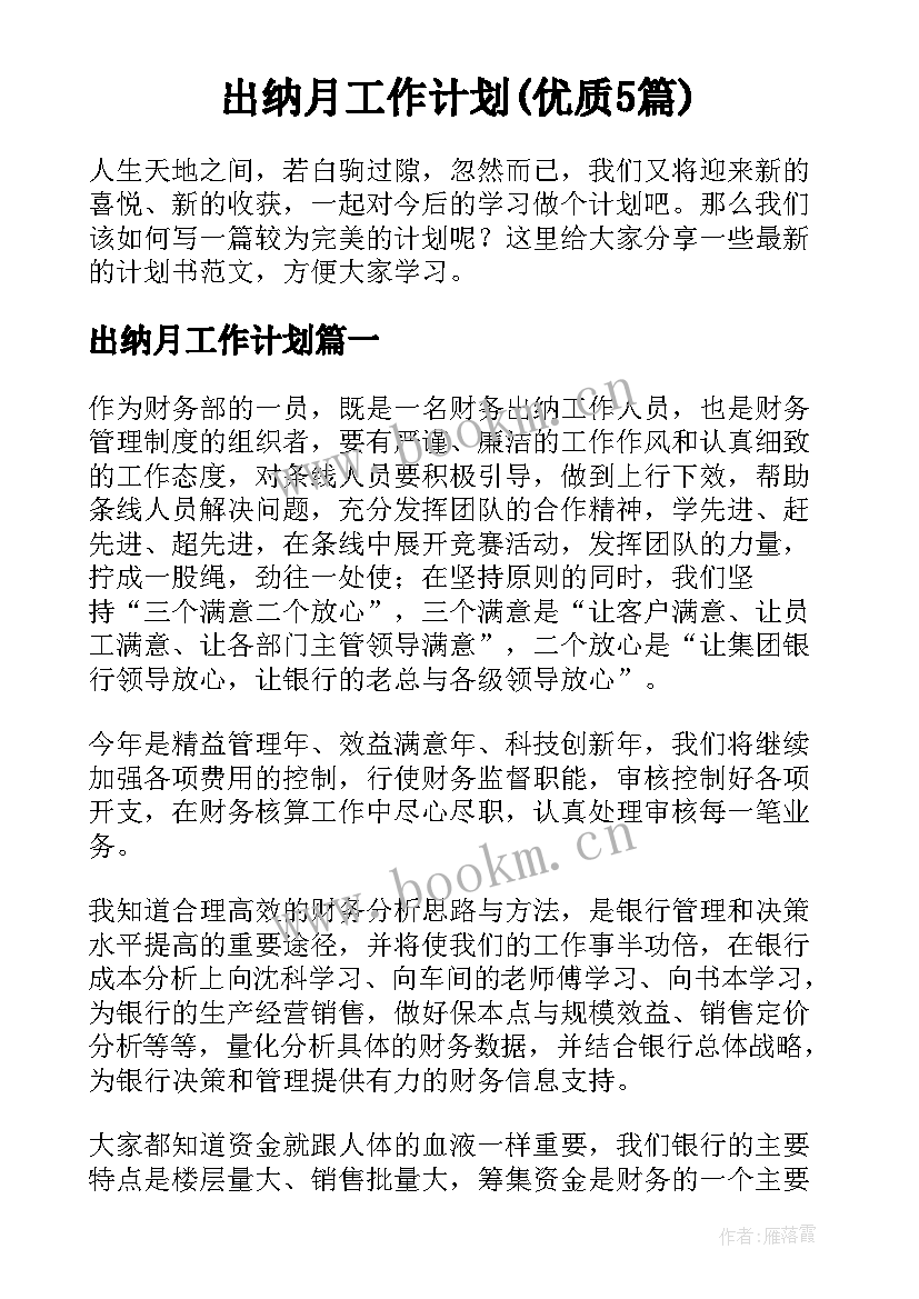 出纳月工作计划(优质5篇)