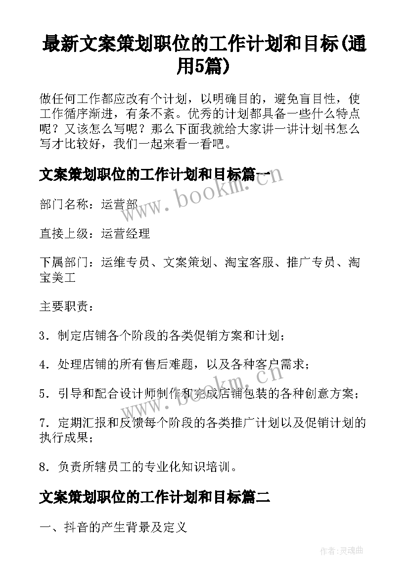 最新文案策划职位的工作计划和目标(通用5篇)