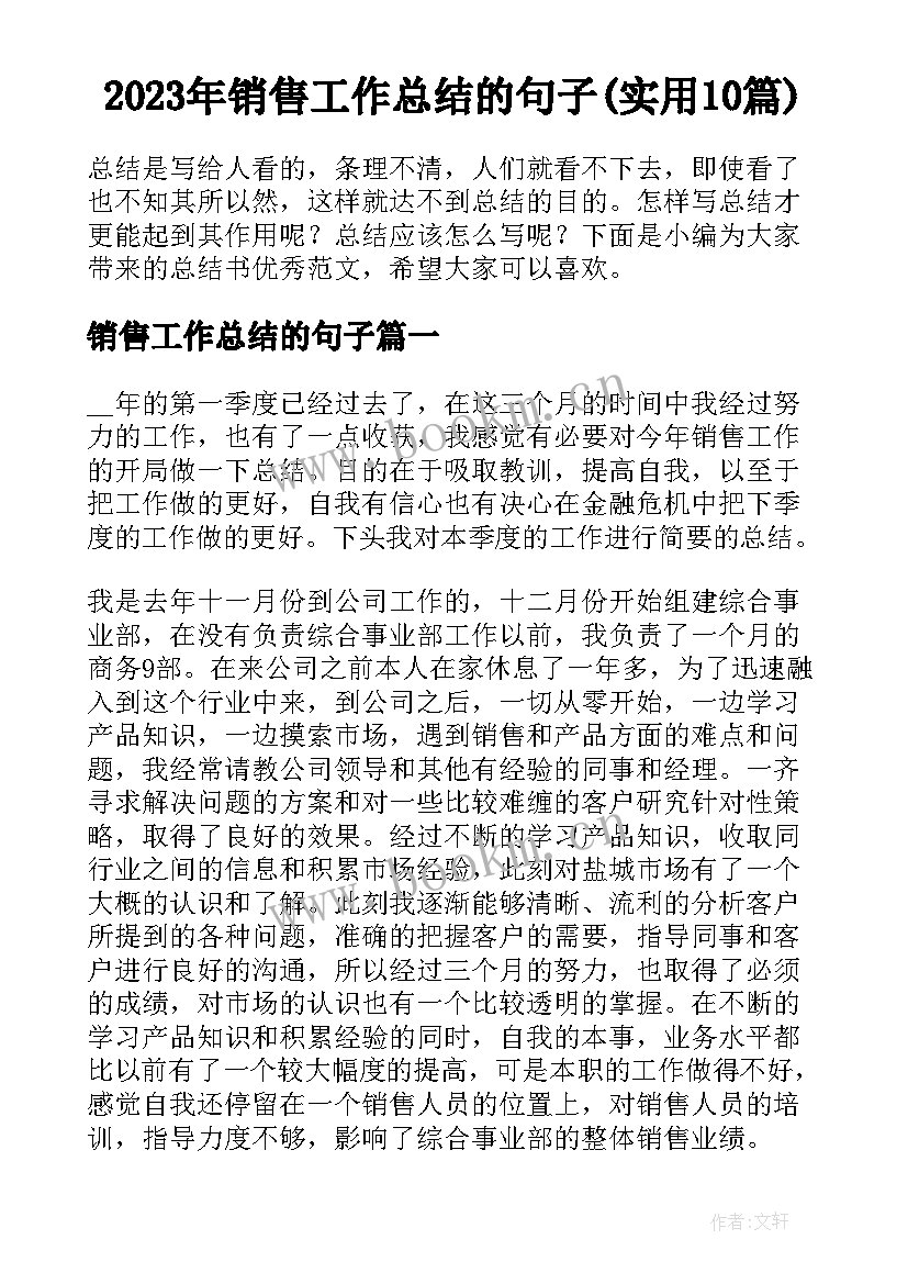 2023年销售工作总结的句子(实用10篇)