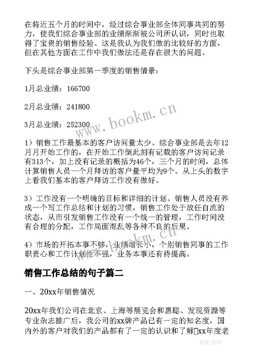 2023年销售工作总结的句子(实用10篇)