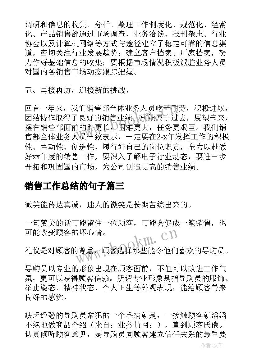 2023年销售工作总结的句子(实用10篇)