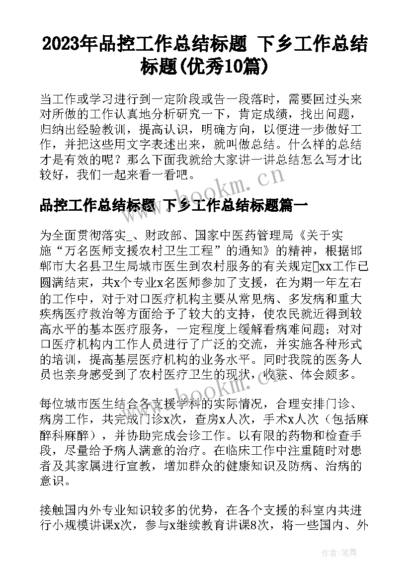 2023年品控工作总结标题 下乡工作总结标题(优秀10篇)