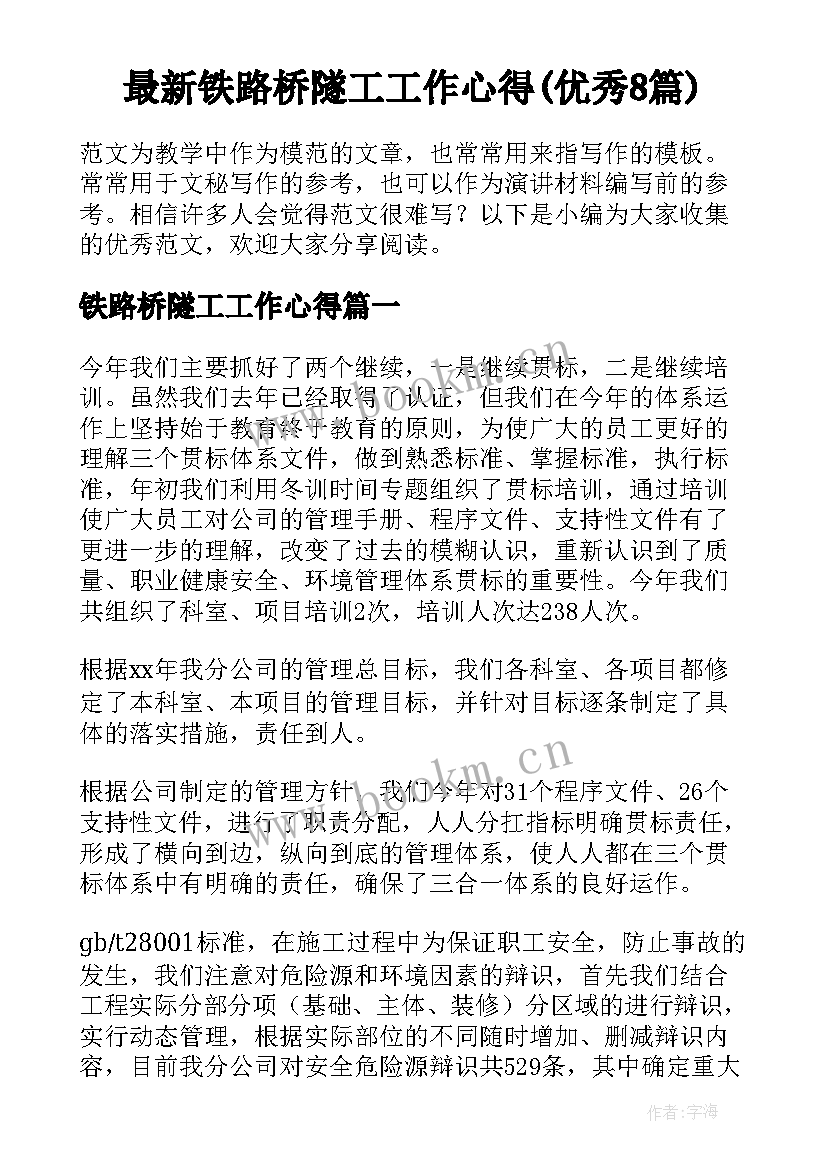 最新铁路桥隧工工作心得(优秀8篇)