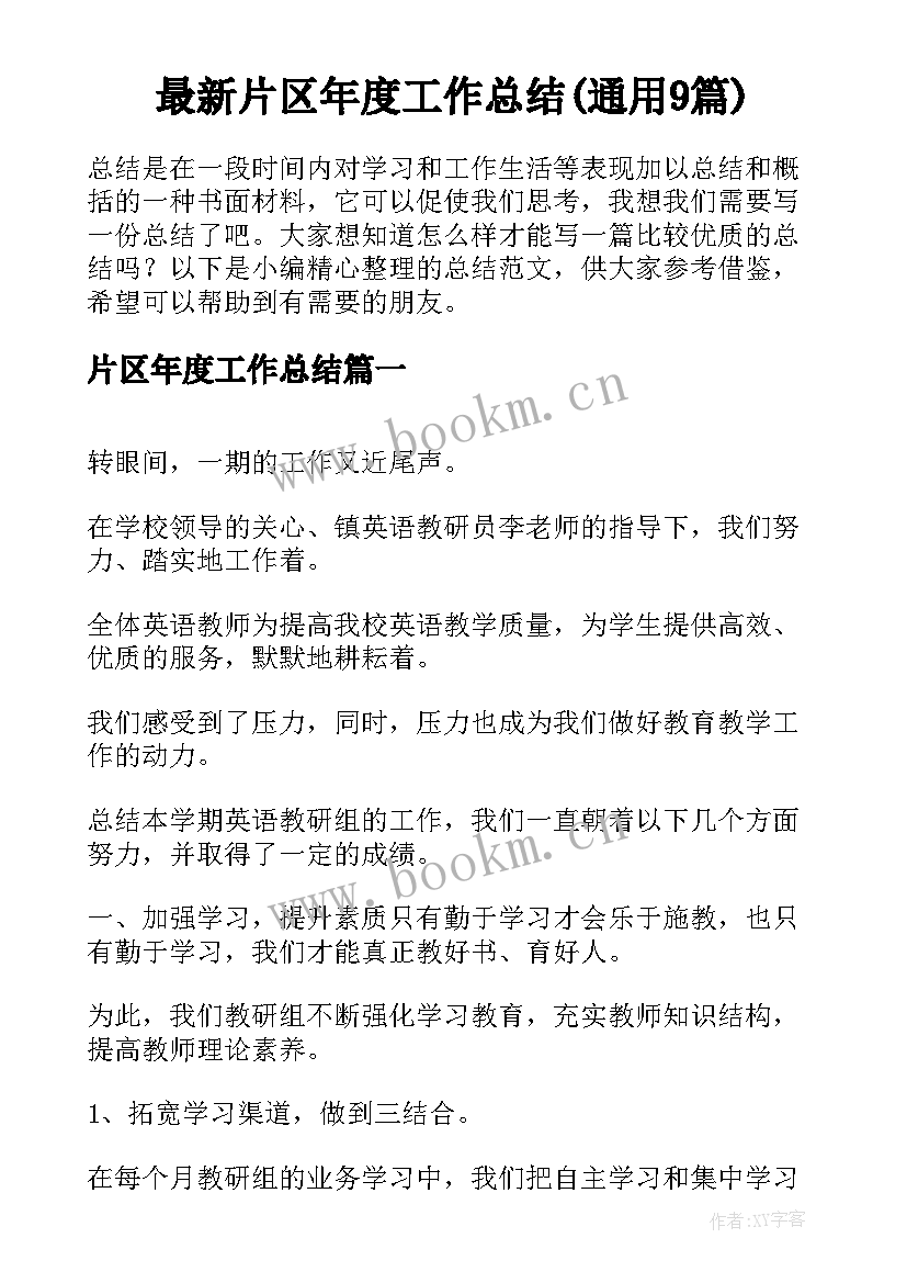 最新片区年度工作总结(通用9篇)