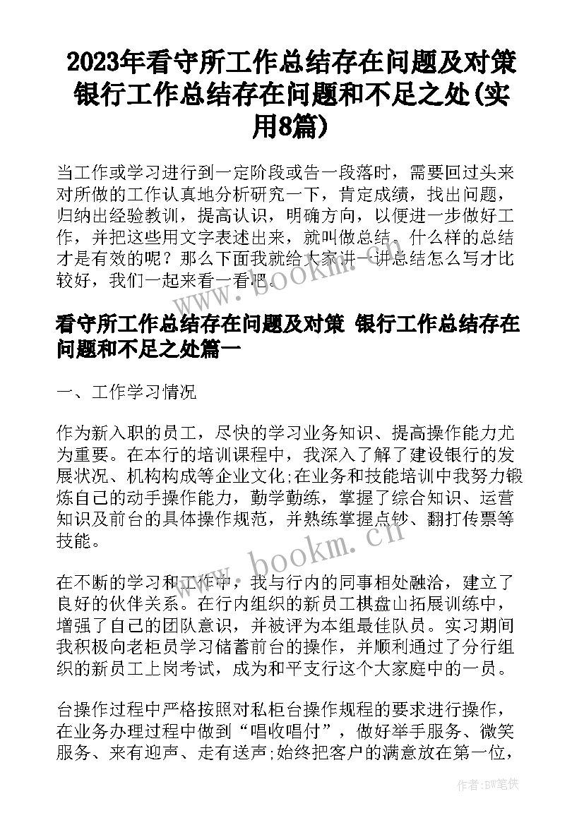 2023年看守所工作总结存在问题及对策 银行工作总结存在问题和不足之处(实用8篇)