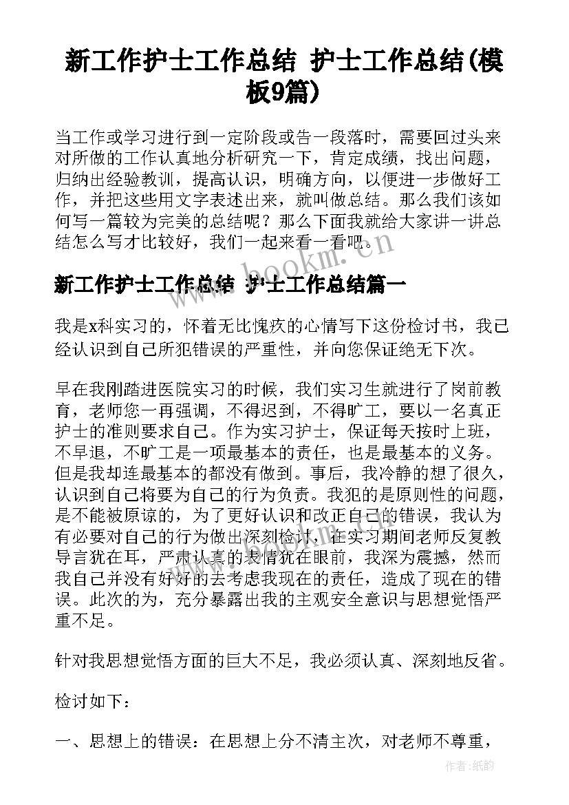 新工作护士工作总结 护士工作总结(模板9篇)