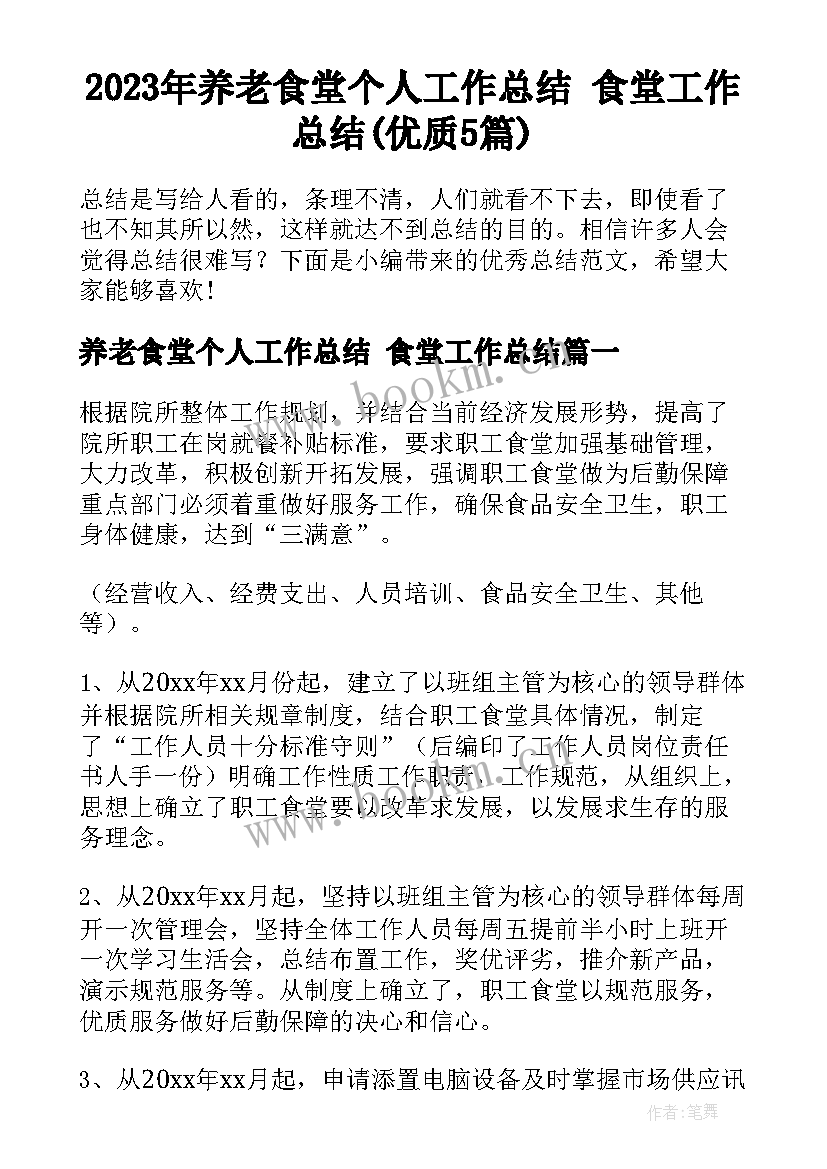 2023年养老食堂个人工作总结 食堂工作总结(优质5篇)