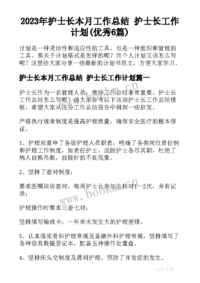 2023年护士长本月工作总结 护士长工作计划(优秀6篇)