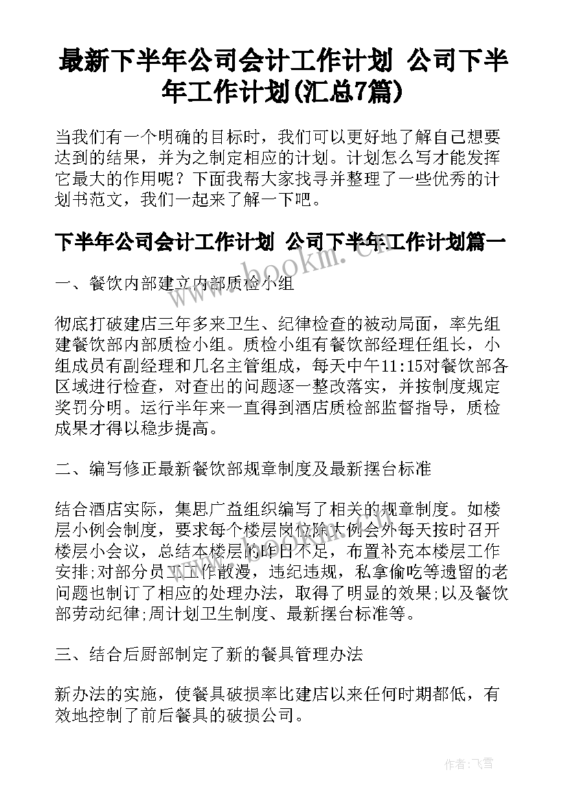 最新下半年公司会计工作计划 公司下半年工作计划(汇总7篇)