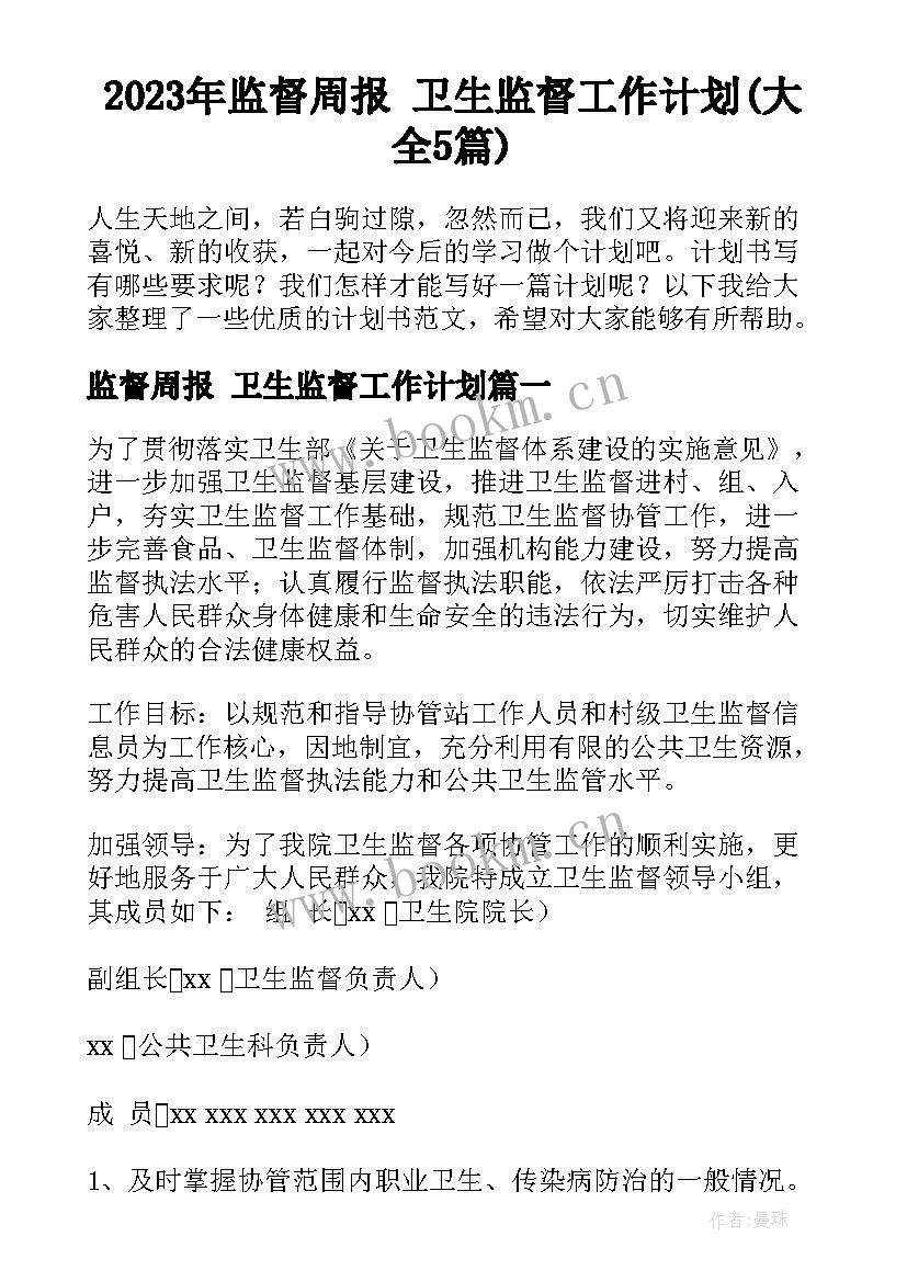 2023年监督周报 卫生监督工作计划(大全5篇)