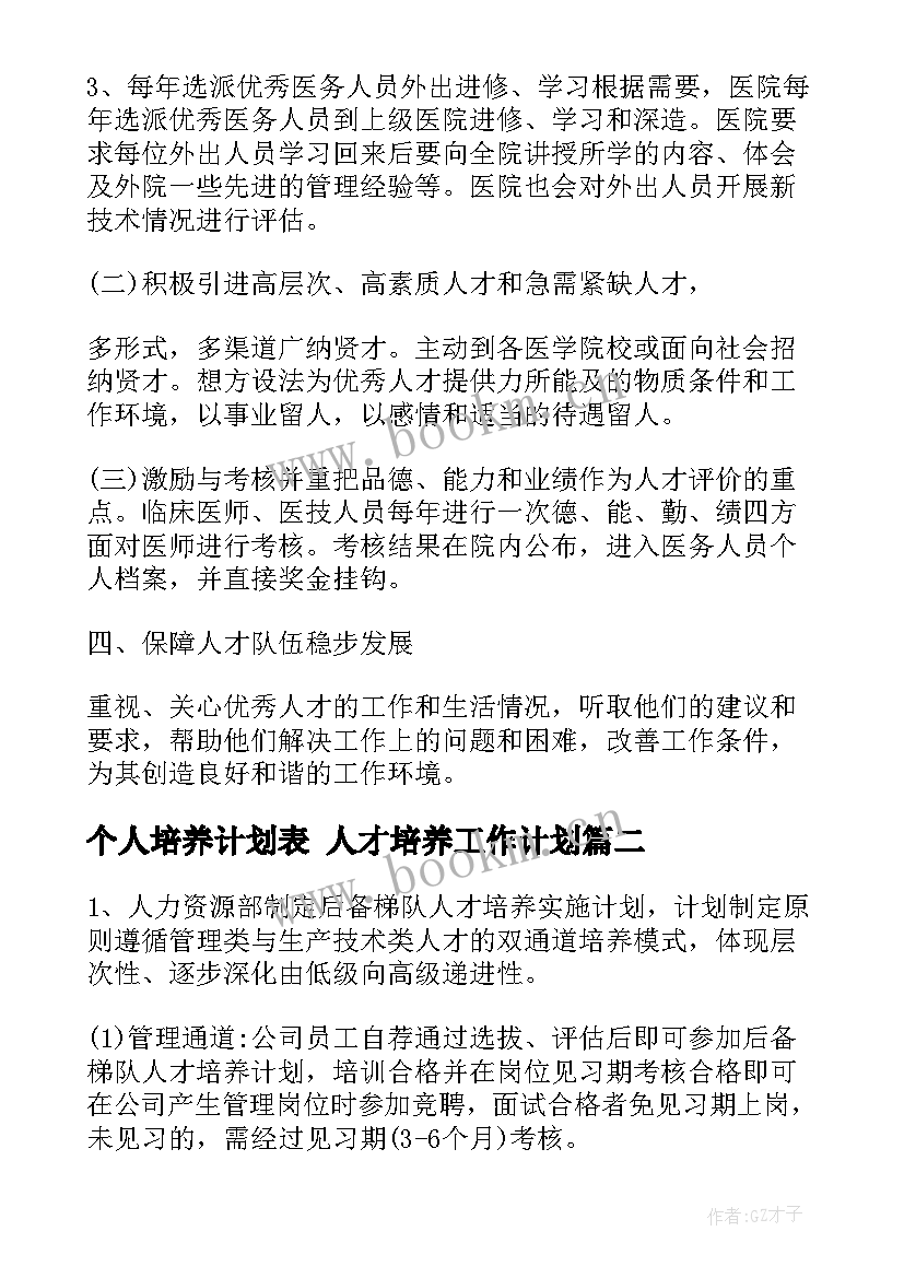 个人培养计划表 人才培养工作计划(汇总8篇)