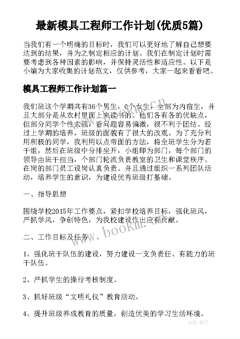 最新模具工程师工作计划(优质5篇)