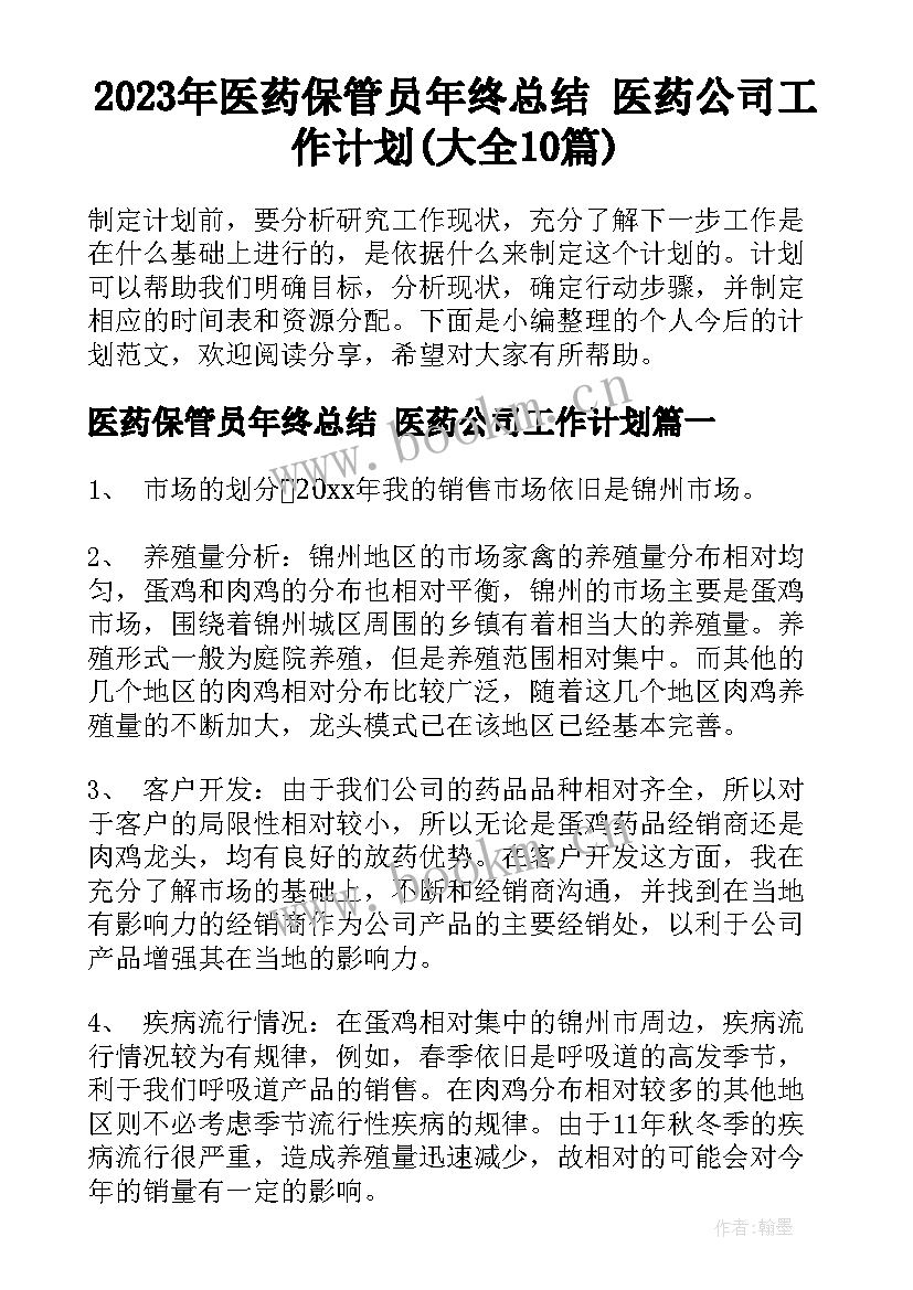 2023年医药保管员年终总结 医药公司工作计划(大全10篇)