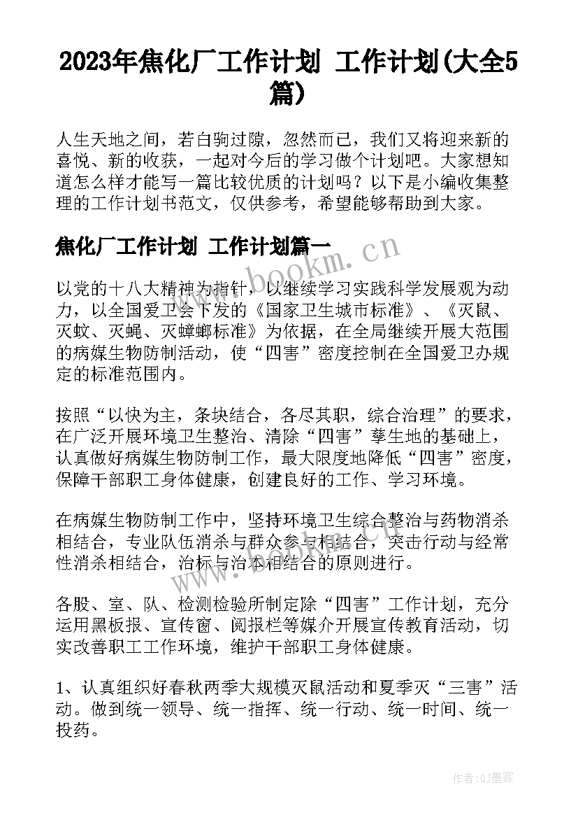 2023年焦化厂工作计划 工作计划(大全5篇)