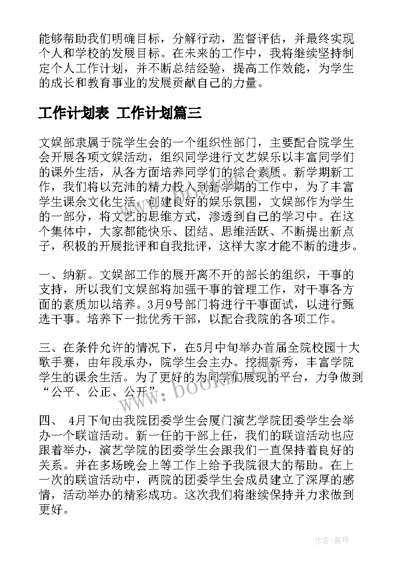 工作计划表 工作计划(精选7篇)