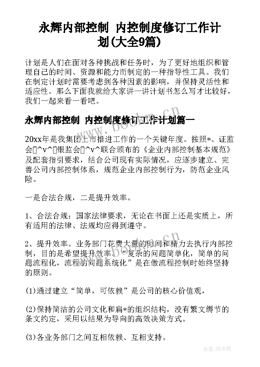 永辉内部控制 内控制度修订工作计划(大全9篇)