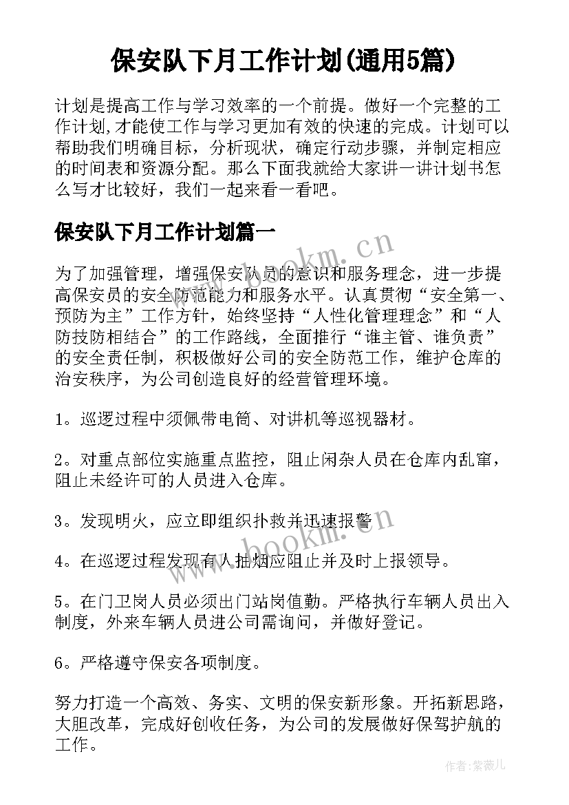 保安队下月工作计划(通用5篇)