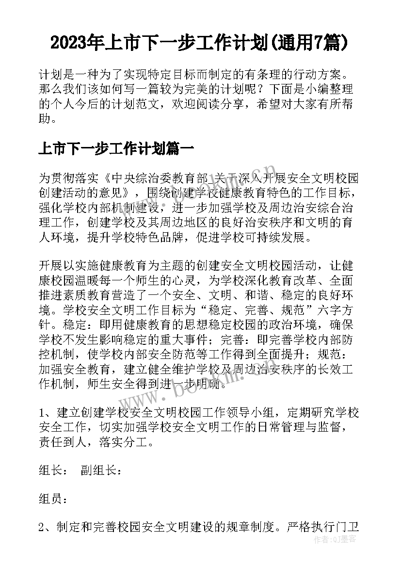 2023年上市下一步工作计划(通用7篇)