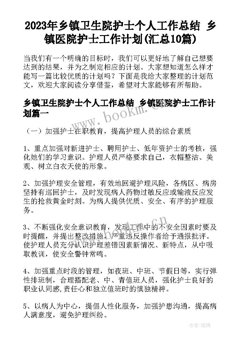 2023年乡镇卫生院护士个人工作总结 乡镇医院护士工作计划(汇总10篇)