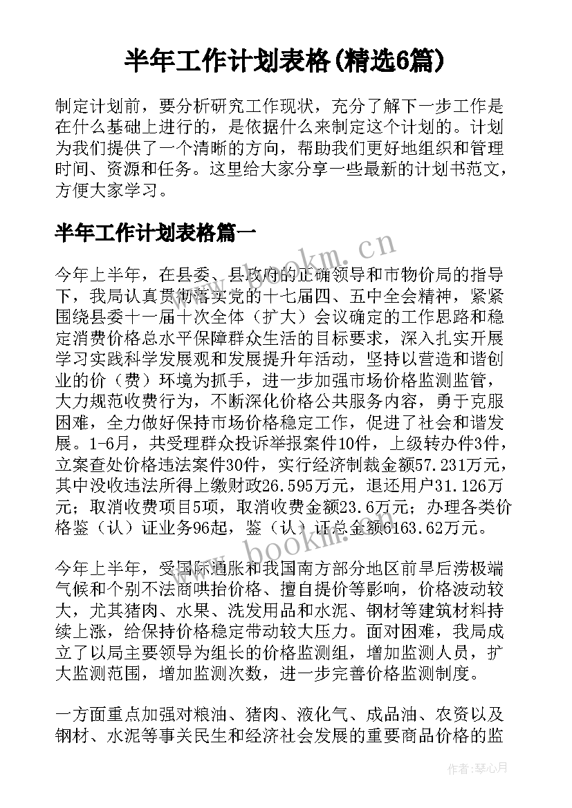 半年工作计划表格(精选6篇)