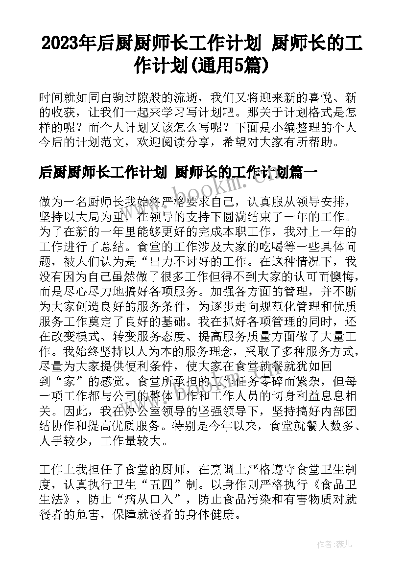 2023年后厨厨师长工作计划 厨师长的工作计划(通用5篇)