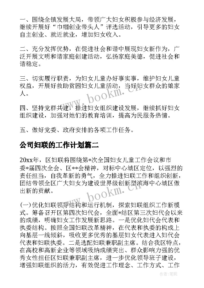 公司妇联的工作计划(优秀6篇)