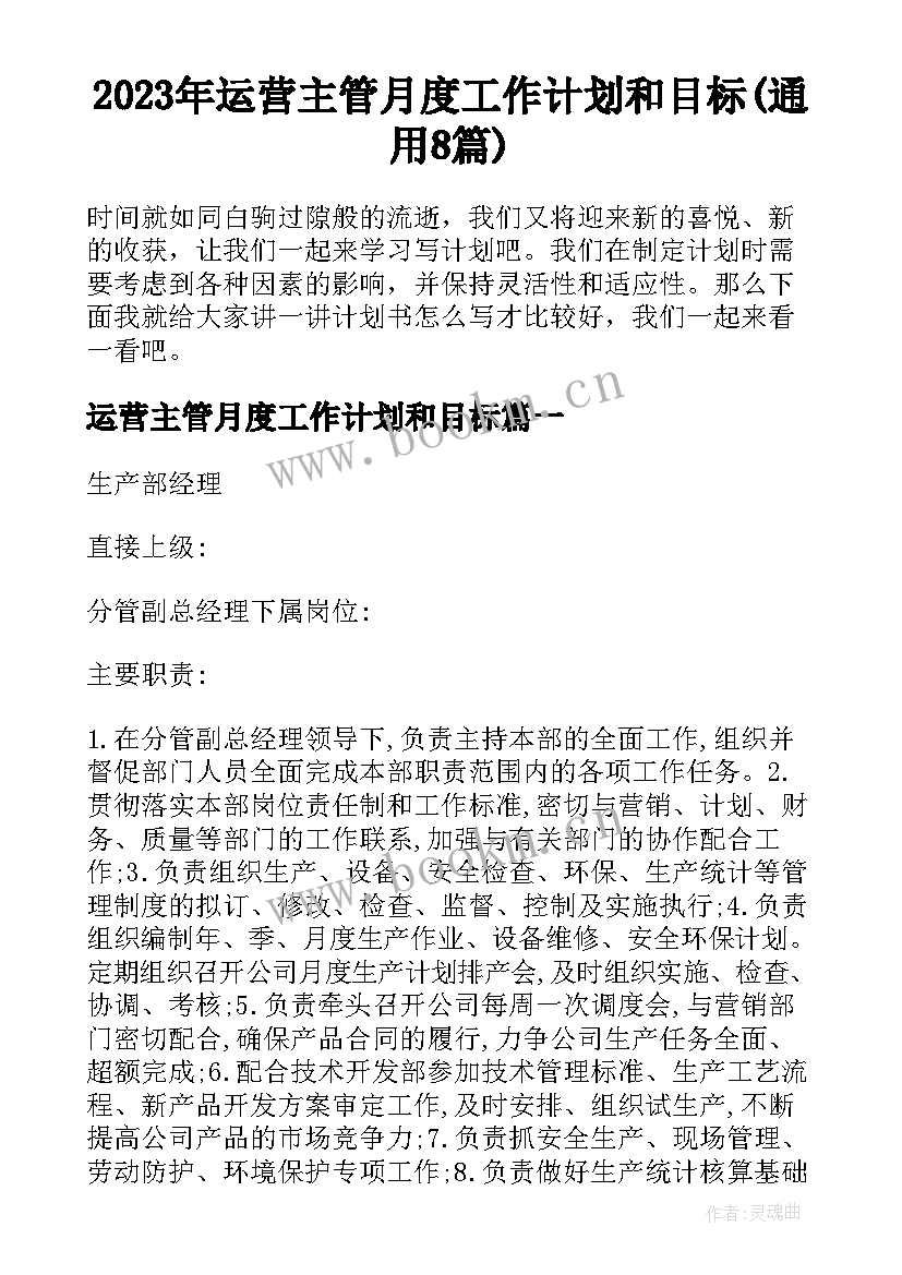 2023年运营主管月度工作计划和目标(通用8篇)