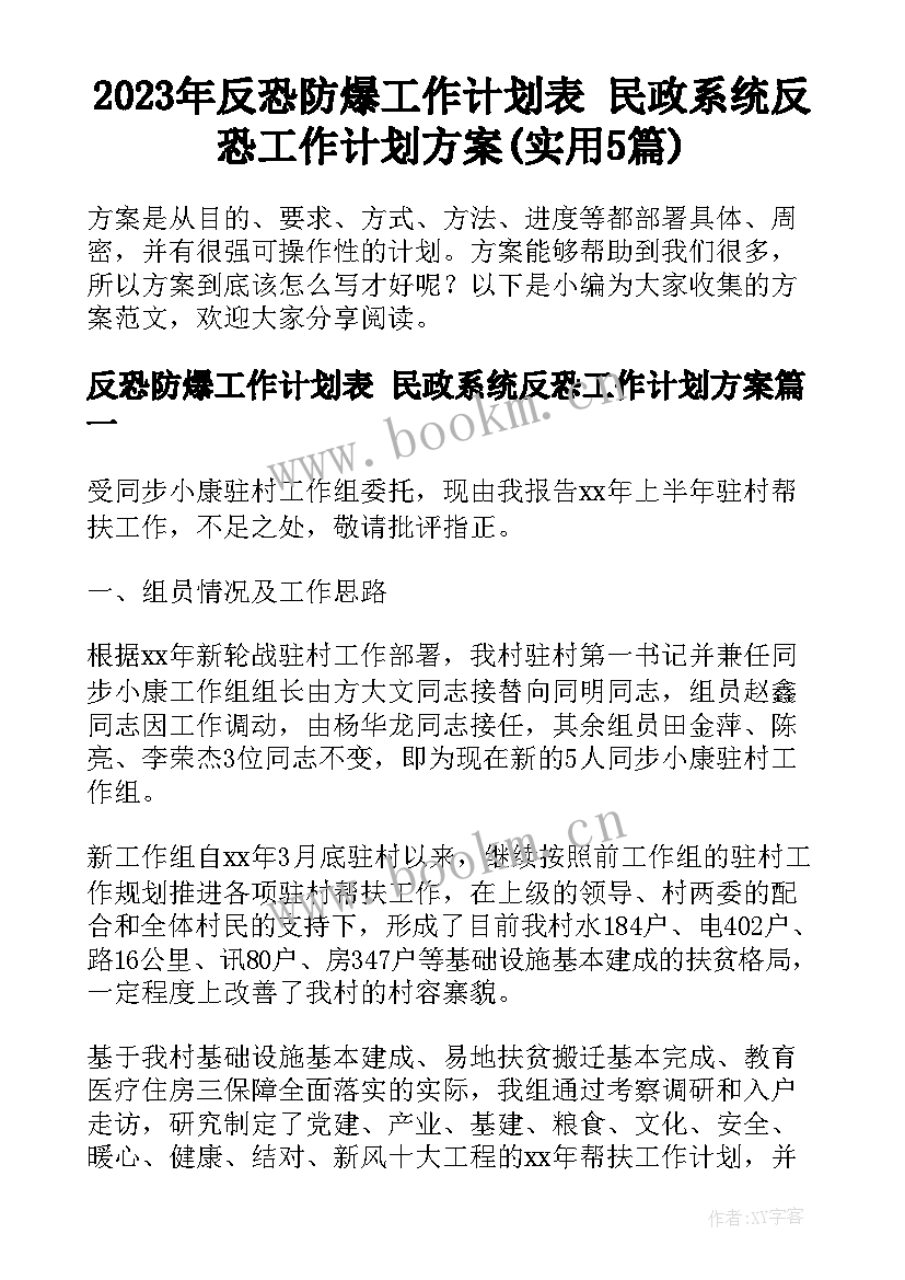 2023年反恐防爆工作计划表 民政系统反恐工作计划方案(实用5篇)