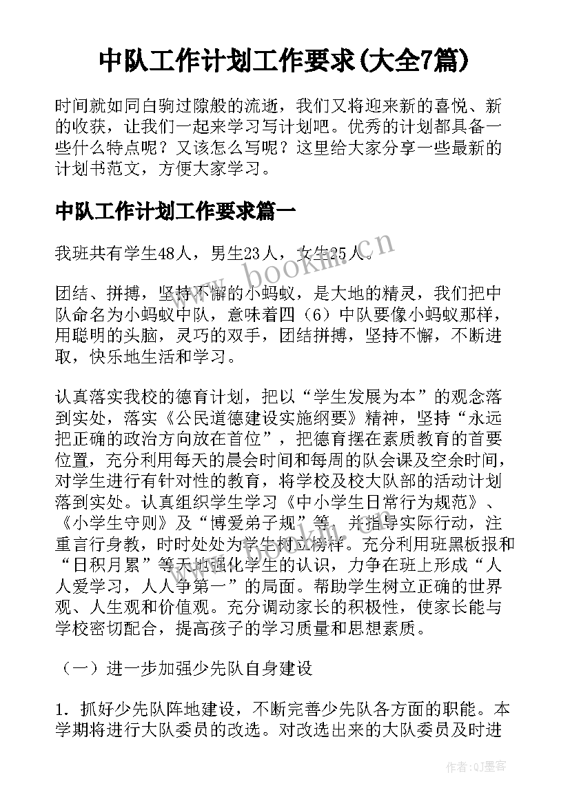 中队工作计划工作要求(大全7篇)