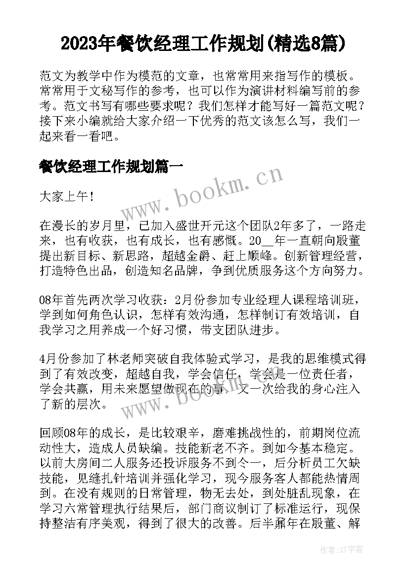 2023年餐饮经理工作规划(精选8篇)