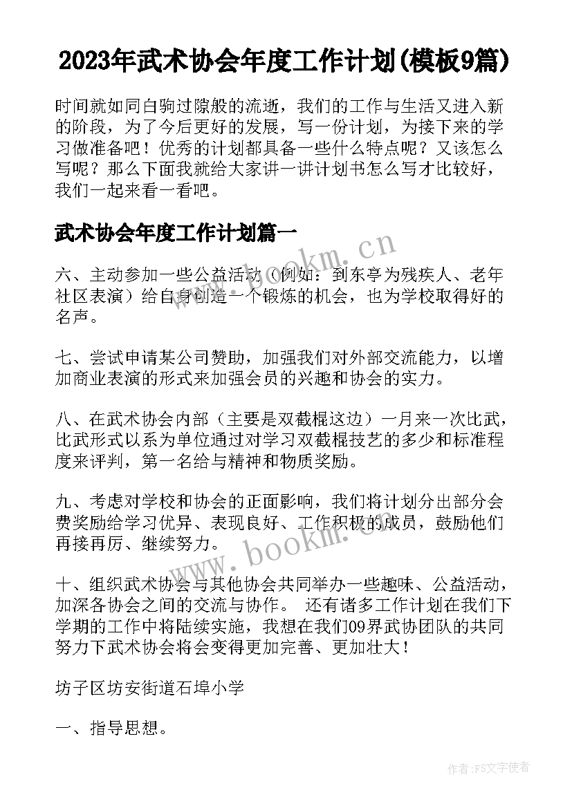 2023年武术协会年度工作计划(模板9篇)