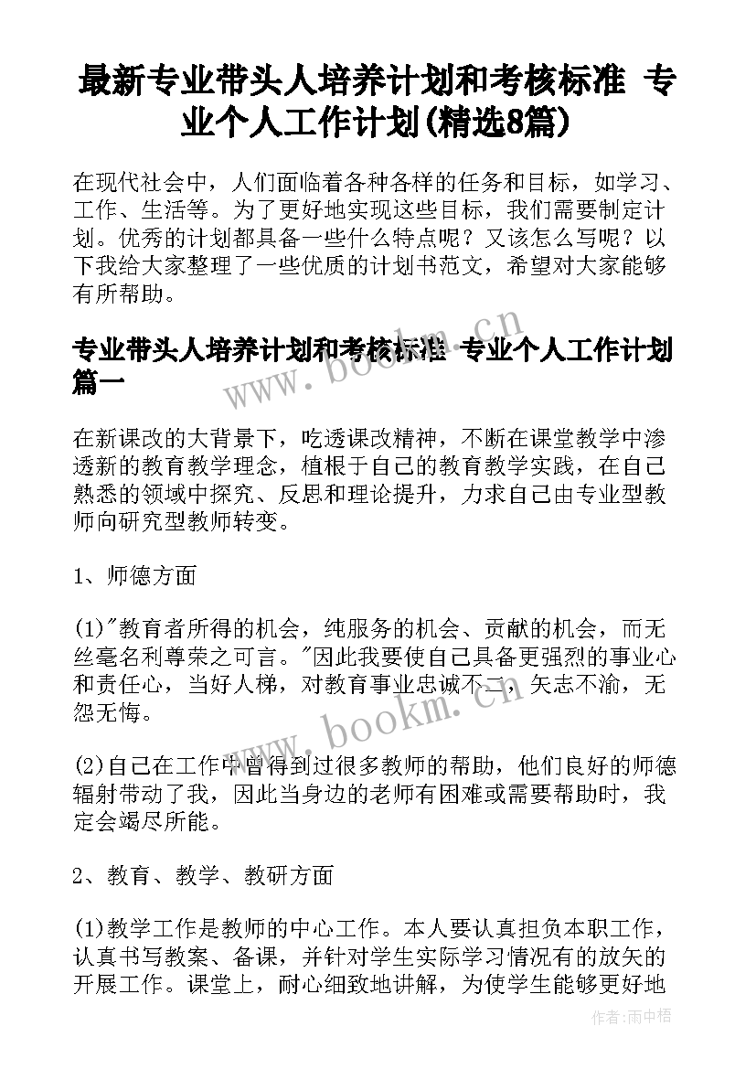 最新专业带头人培养计划和考核标准 专业个人工作计划(精选8篇)