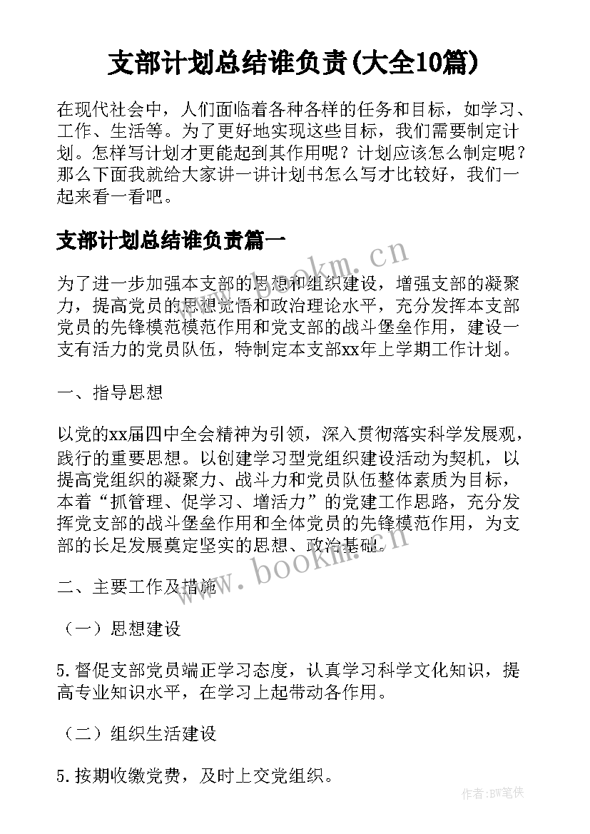 支部计划总结谁负责(大全10篇)