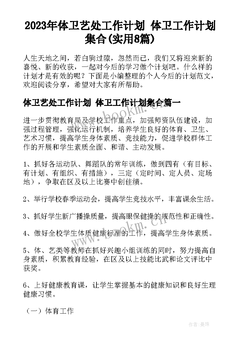 2023年体卫艺处工作计划 体卫工作计划集合(实用8篇)