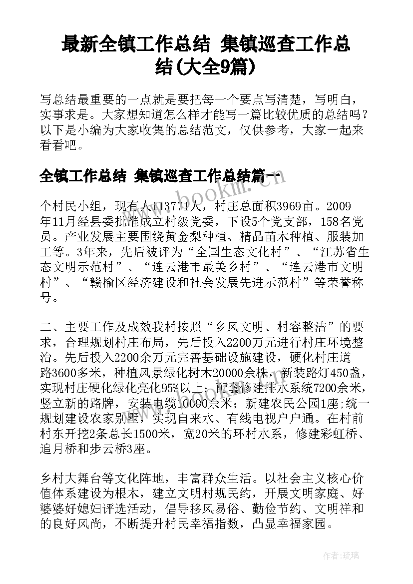 最新全镇工作总结 集镇巡查工作总结(大全9篇)