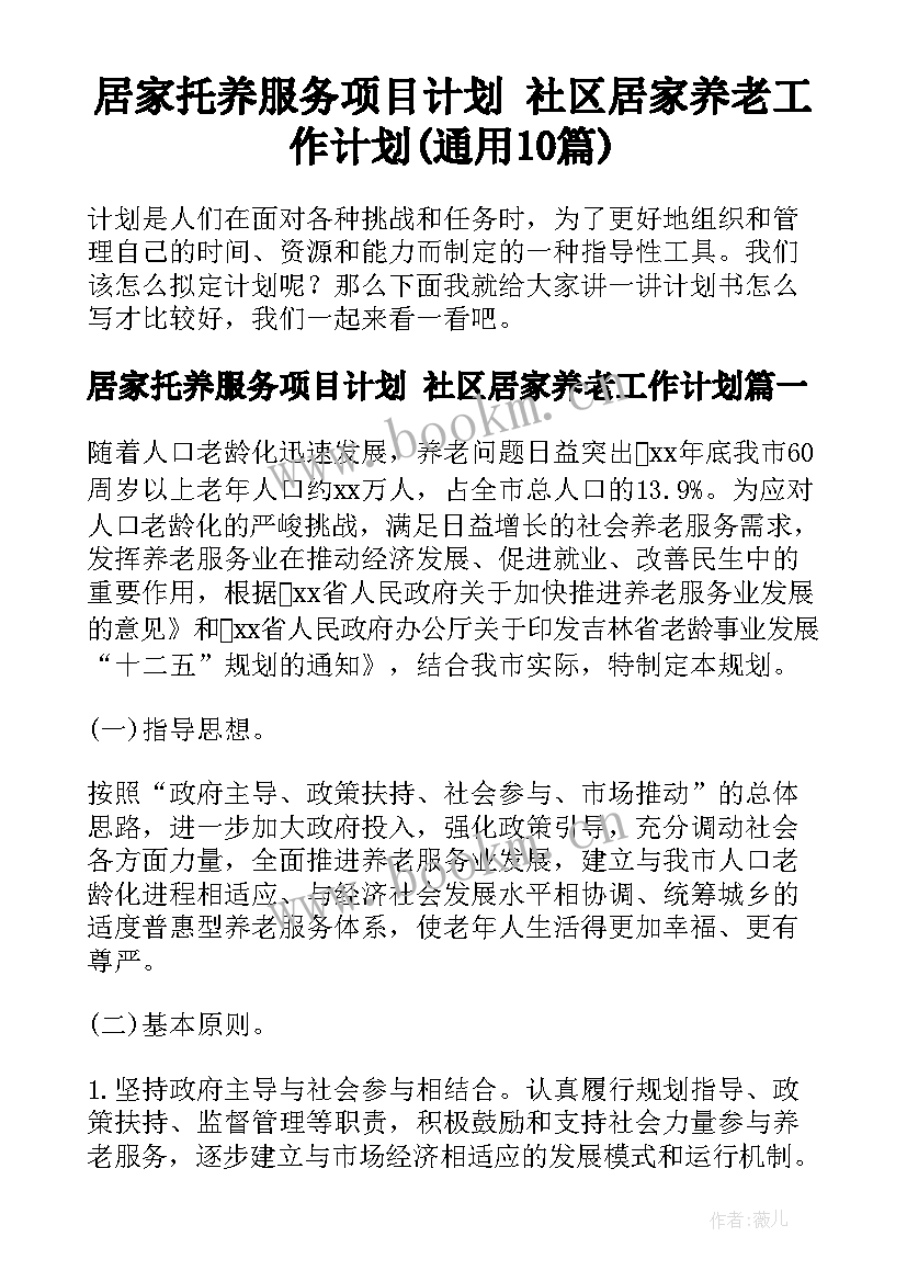 居家托养服务项目计划 社区居家养老工作计划(通用10篇)