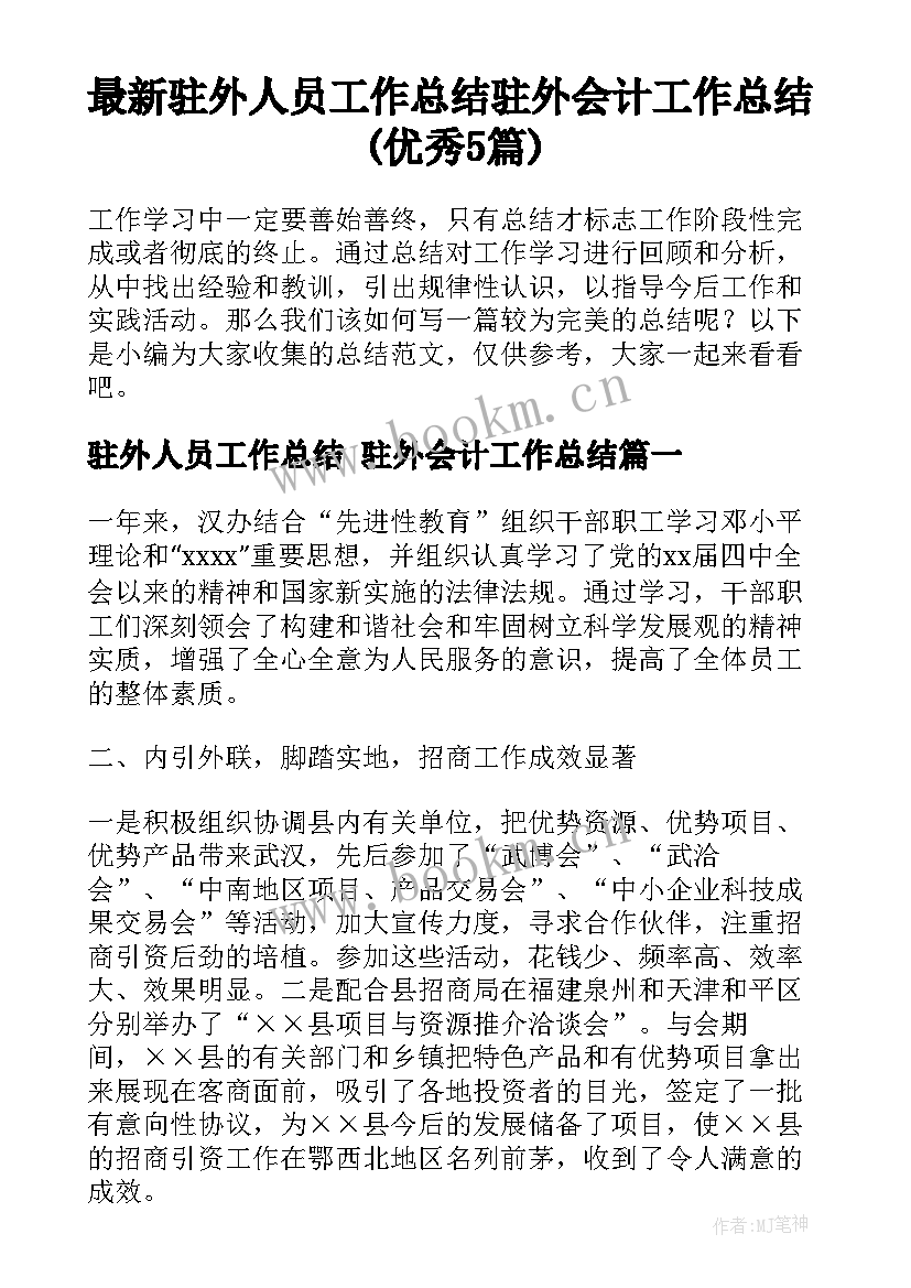 最新驻外人员工作总结 驻外会计工作总结(优秀5篇)