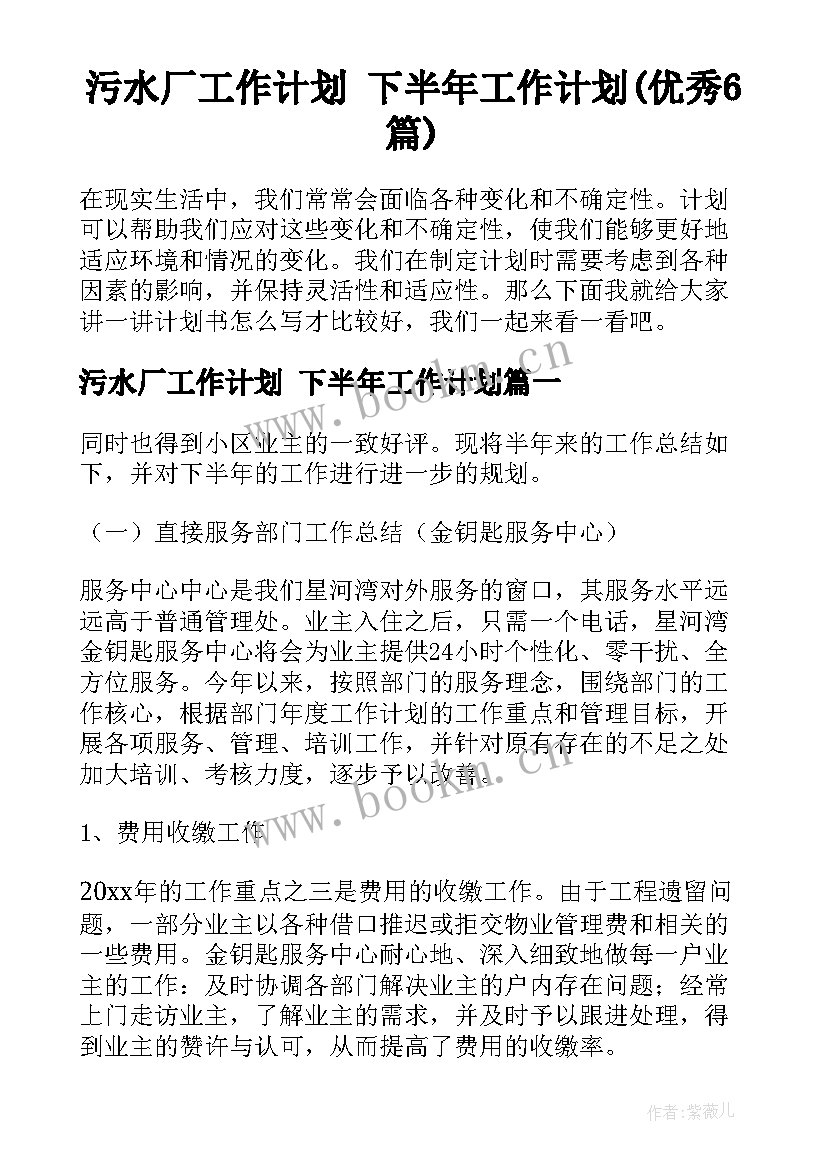 污水厂工作计划 下半年工作计划(优秀6篇)