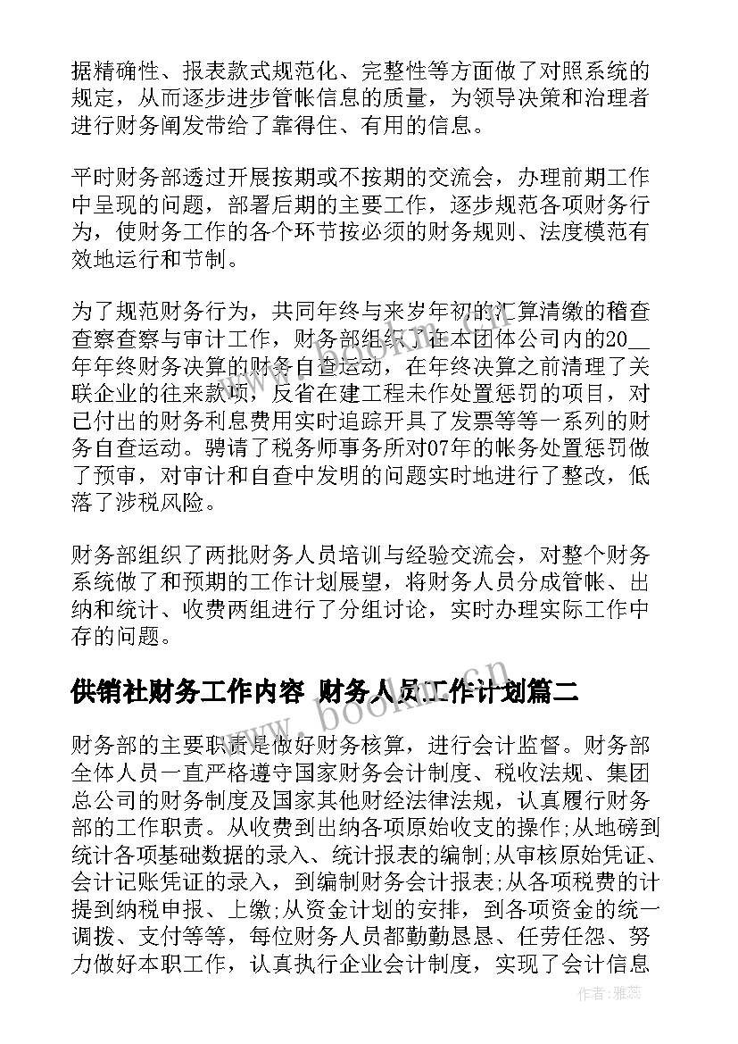 最新供销社财务工作内容 财务人员工作计划(模板5篇)