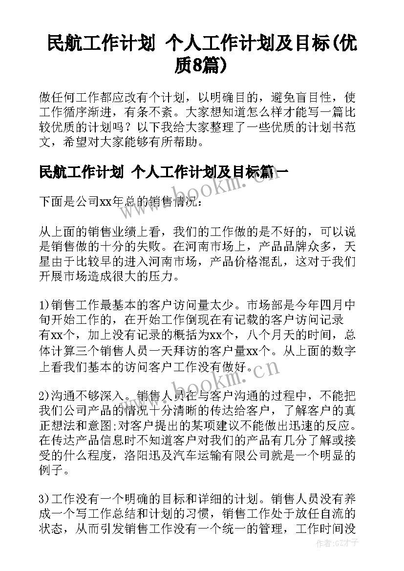 民航工作计划 个人工作计划及目标(优质8篇)